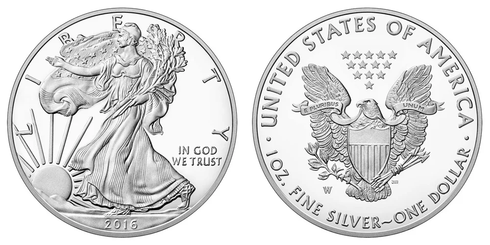 2016 American Silver Eagle dollar obverse Walking Liberty design and reverse heraldic eagle