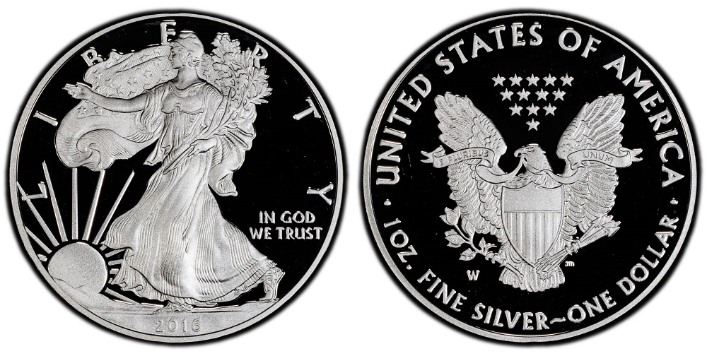 Side-by-side comparison of standard 2016 Silver Eagle reeded edge and 2016-W 30th Anniversary lettered edge inscription