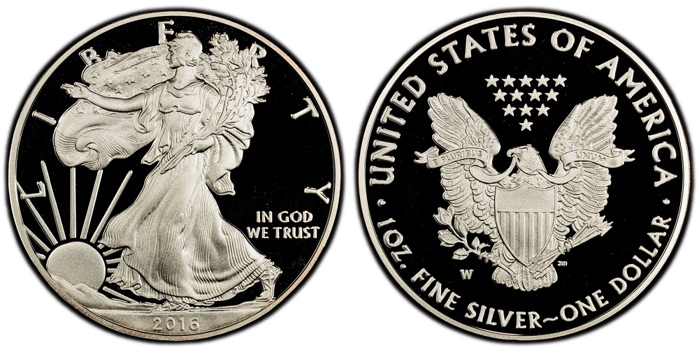 2016-W 30th Anniversary Silver Eagle Lettered Edge Proof showing '30TH ANNIVERSARY' inscription on edge and proof cameo surfaces