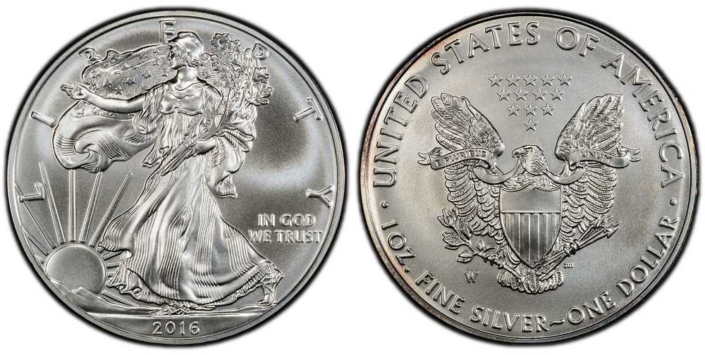 2016-W Burnished Silver Eagle dollar showing distinctive satin finish and W mint mark detail