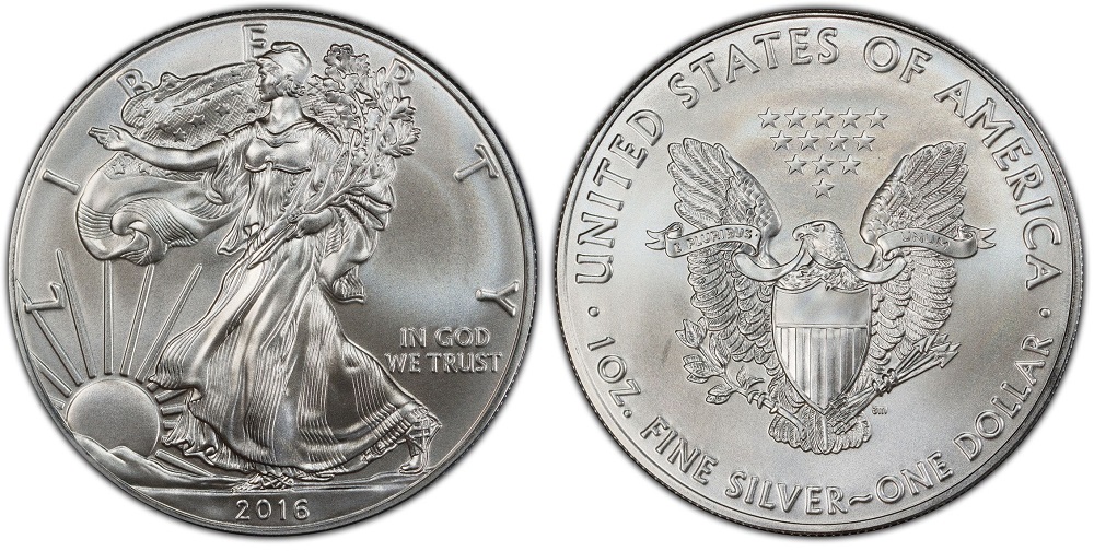 Grading strip showing four 2016 American Silver Eagle dollars across condition tiers from circulated to MS70 perfect mint state